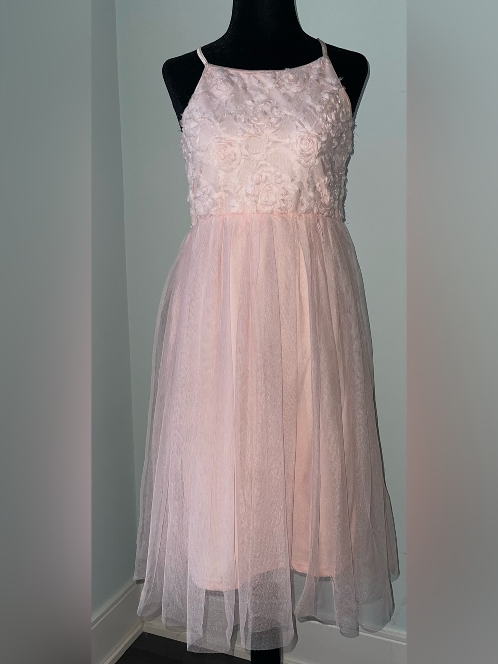 Girls Pink Tulle Floral Bodice Dress